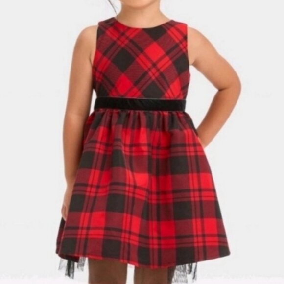 Cat & Jack Plaid Holiday Dress Red & Black Bow Layered Taffeta Girls 12 months - Picture 1 of 7